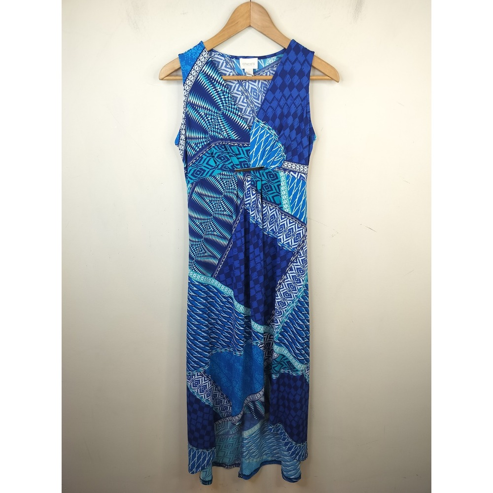 Chico's Misi Dress 0 / Small Blue Geometric Patchwork High-Low Hem Jersey Knit